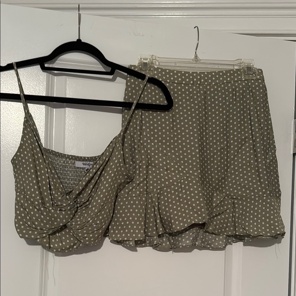 Green and White Mini Skater Skirt Set with Ruffles